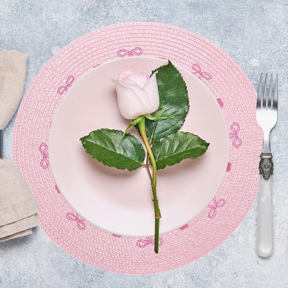 Whaline 4Pcs Round Placemats Pink Bow Embroidered Place Mats Coquette Bow Dinner Table Mats for Home Wedding Baby Shower Birthday Party Decor