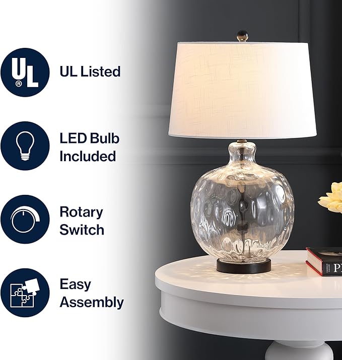 JONATHAN Y 26.5" Clear Glass and Black Metal LED Table Lamp, Transitional Farmhouse Bedside Nightstand Lamp with White Linen Shade, UL Listed, LED Bulb Included JYL1067A