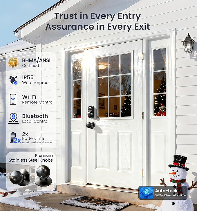 Veise VE012W-K Built-in WiFi Fingerprint Smart Lock with 2 Knobs, No Hub Needed, Remote APP Control, Keyless Entry Door Lock, Smart Deadbolt for Front Door, Auto Locking, Matte Black