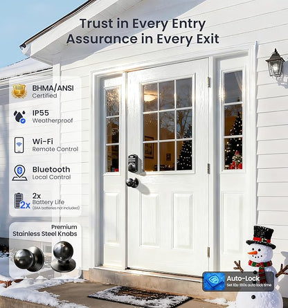 Veise VE012W-K Built-in WiFi Fingerprint Smart Lock with 2 Knobs, No Hub Needed, Remote APP Control, Keyless Entry Door Lock, Smart Deadbolt for Front Door, Auto Locking, Matte Black