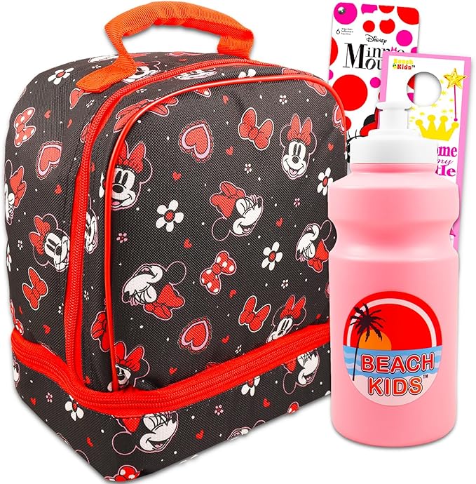 Disney Minnie Mouse Lunch Bag for Girls with 2 Compartments, Water Bottle, Stickers, More