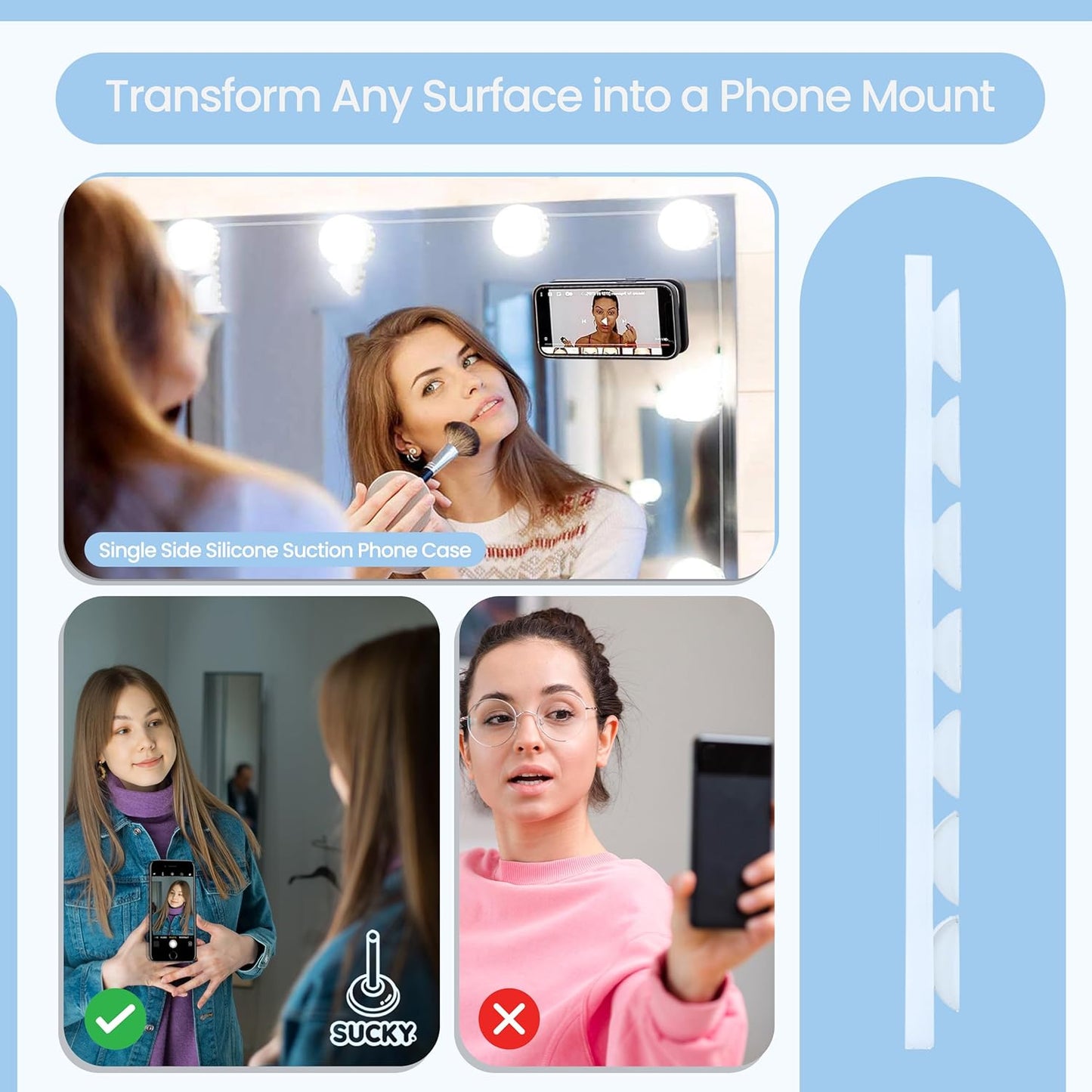 SUCKY Silicone Suction Phone Case Adhesive Octo Cup Buddy Mount - Anti-Slip Holder, Hands-Free Phone Accessory for iPhone & Android - Sticky Grip for Selfies, Videos - Clear