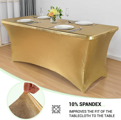 Obstal 6ft Stretch Spandex Table Cover for Standard Folding Tables - Universal Rectangular Fitted Tablecloth Protector for Wedding, Banquet and Party, 72L x 30W x 30H Inches, Stamping Gold, 2pc