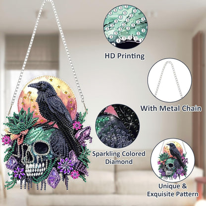SENQAO Crow Diamond Art Hanging Kit for Adult, Special Shaped Rhinestone, Double Sided DIY Acrylic Diamond Art Painting Window Pendants Home Garden Wall Hanging Kits Hanging Ornament (Raven Skull)