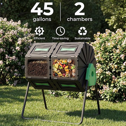 Dual Chamber Compost Tumbler, 45 Gallon Large Capacity 360° Rotating Composting Bin, BPA-Free Heavy Duty Composter with Easy Assembly, 38" Height Compost Bin Outdoor for Food Scraps Garden Yard Waste