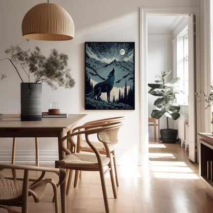 Poster Master Howling Wolf Poster - Moon Print - Mountain Art - Wolf & Moon Art - Gift for Men, Women & Animal Lover - Landscape Decor for Bedroom, Living Room or Kid's Room - 8x10 UNFRAMED Wall Art