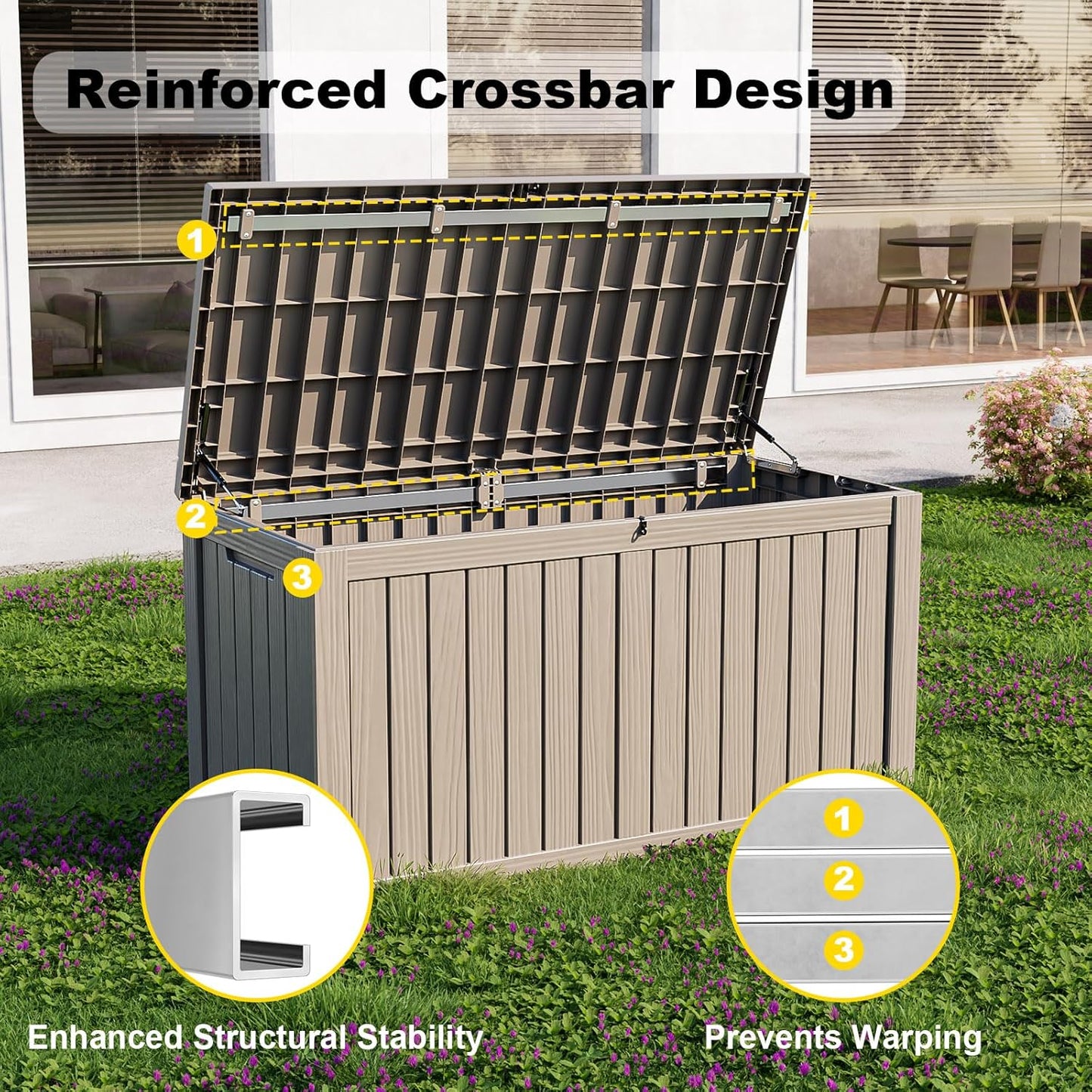 Vixzen 150 Gallon Resin Deck Box, Lockable Outdoor Storage Box for Patio Cushions Storage Furniture,Garden Tools, Pool Supplies, Weatherproof and UV Resistant- Light Brown