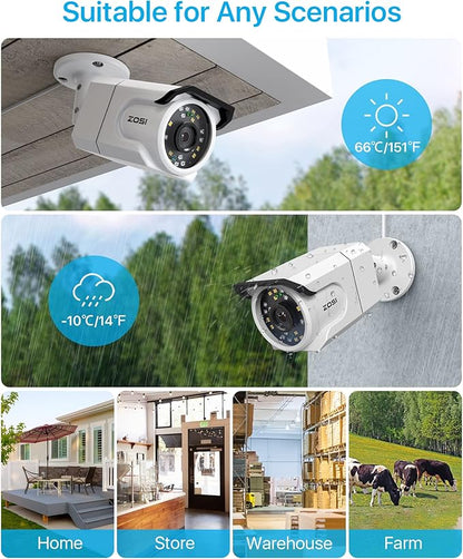 ZOSI 8CH 4K PoE Security Camera System with Audio, 4pcs 8MP Outdoor Indoor PoE Cameras, Color Night Vision, Human Detection, Spotlight Siren, 4K 8Channel CCTV NVR with 2TB HDD for Home 24/7 Recording