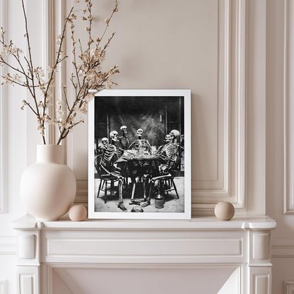 Poster Master Vintage Photograph Poster - Retro Daguerreotype Print - Gift for Artist, Friend - Skeletons Smoking at Table, Dinner Party, Goth - Wall Decor for Home, Dorm, 8x10 White Framed