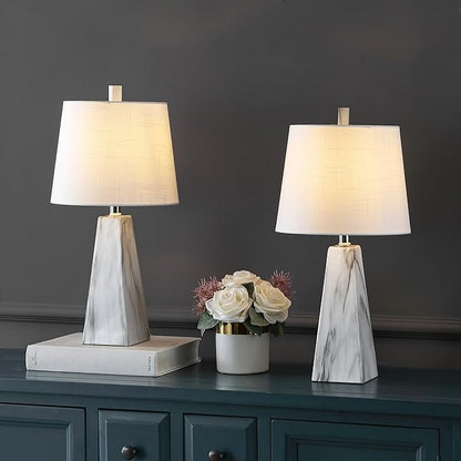 JONATHAN Y 20.5" White Marble Finish Modern Resin Table Lamp for Bedroom Living Room, Contemporary Faceted Bedside Lamp with White Linen Shade, LED Bulb Included (JYL1037A-SET2)