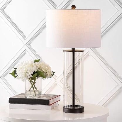 JONATHAN Y 29" Oil Rubbed Bronze/Clear Modern Glass Table Lamp for Living Room Bedroom, Minimalist Nightstand Bedside Lamp, White Linen Drum Shade, LED Bulb Included (JYL2005B)