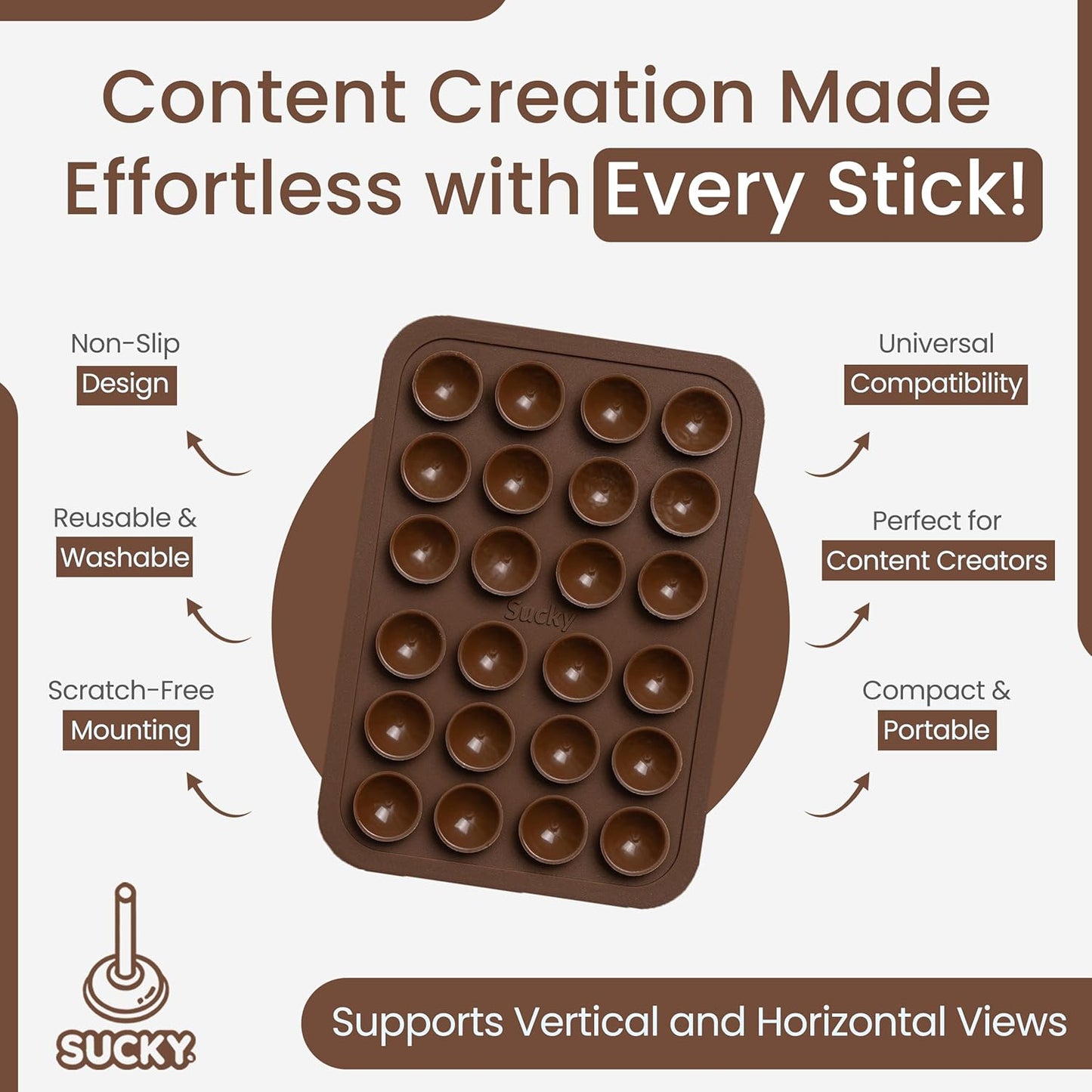 SUCKY Silicone Suction Phone Case Adhesive Mount - Anti-Slip Holder, Hands-Free Fidget Toy, Phone Accessory for iPhone and Android - Sticky Grip for Selfies, Videos, and Tiktok - Mocha Brown