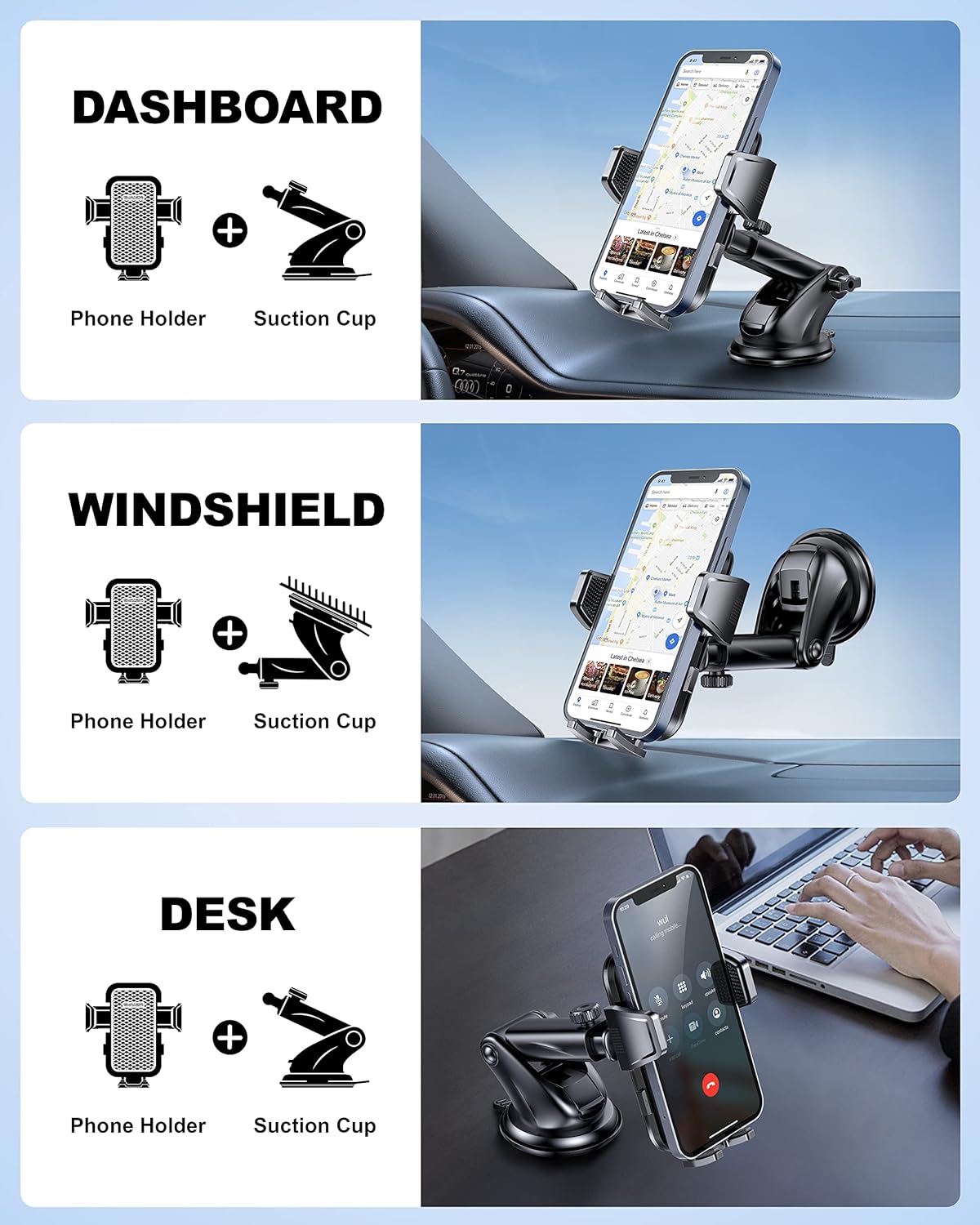 Universal Car Phone Holder for Dashboard Windshield, Hands Free Phone Mount for Car, Automobile Cradles Desk Phone Holder Stand with Suction Cup for iPhone, Samsung, LG and All Android Smart Phones