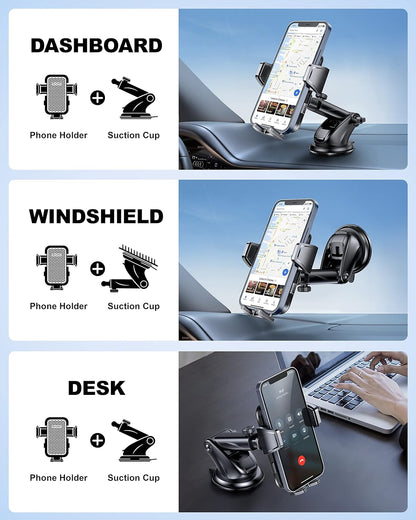 Universal Car Phone Holder for Dashboard Windshield, Hands Free Phone Mount for Car, Automobile Cradles Desk Phone Holder Stand with Suction Cup for iPhone, Samsung, LG and All Android Smart Phones