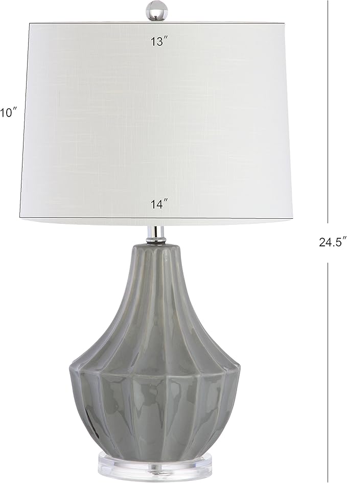 JONATHAN Y 24.5" Gray Ceramic Table Lamp for Bedroom, Modern Bedside Desk Lamp, White Linen Drum Shade, Fluted Gourd for Living Room, LED Bulb Included (JYL8018B)