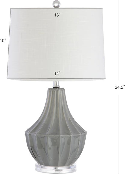 JONATHAN Y 24.5" Gray Ceramic Table Lamp for Bedroom, Modern Bedside Desk Lamp, White Linen Drum Shade, Fluted Gourd for Living Room, LED Bulb Included (JYL8018B)