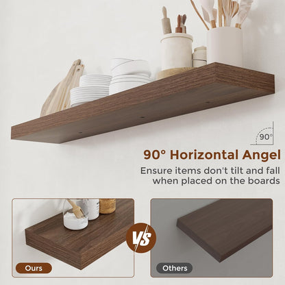 Heimlove 48 Inch Floating Shelves for Wall 8 Inch Deep Walnut Shelves Set of 2,Wall Mounted Rustic Wood Long Floating Shelf，Large Display & Storage Shelf with Invisible Brackets
