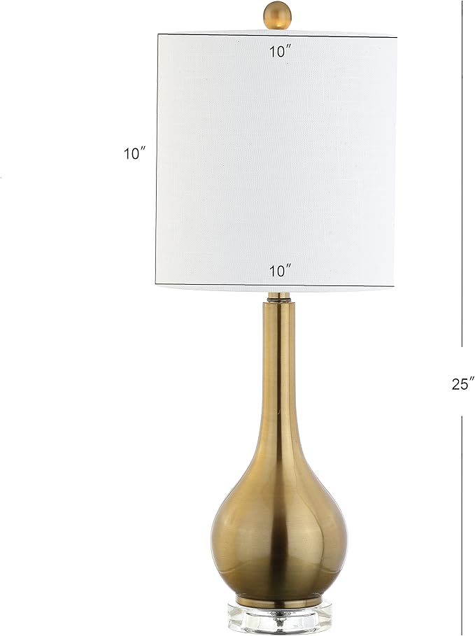 JONATHAN Y 25" Brass Gold Metal and Crystal Teardrop LED Table Lamp for Bedroom Living Room Bedside Nightstand, White Linen Drum Shade, LED Bulb Included JYL5010A
