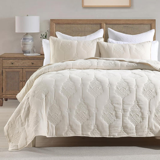 HORIMOTE HOME Ivory Quilt Queen Size Floral Quilt Bedspread Lightweight Soft Pre-Washed Microfiber Bedcover, 3 Pieces Thin Comforter Bed Cover Bedding Set for All Season