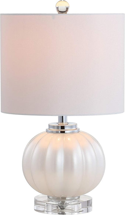 JONATHAN Y 17.5" White/Chrome Glass Table Lamp, Modern Crystal Bedside Lamp for Bedroom Living Room Nightstand, Glam Ribbed Accent Lamp, White Faux Silk Shade, LED Bulb JYL2076A