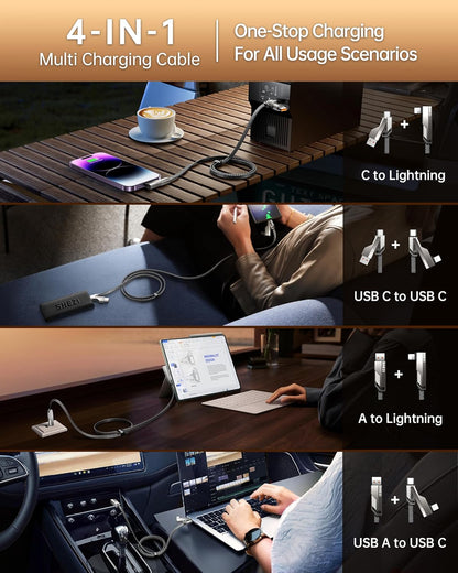 SHEZI 4-in-1 USB C Cable 45W 5FT 90 Degree L Cable, [Fast Charging & 480Mbps Data Transfer] Flat Nylon Braided Charger Cord Combo, USB A/C to C/L Multi Charge Cable for iPhone/iPad & Most Devices