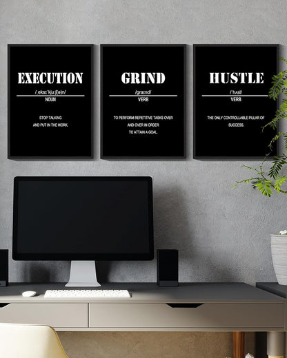 Drsoum Inspirational Office Framed Wall Art Motivational Grind Hustle Success Canvas Wall Decor Encouraging Quotes Sayings Paintings 3 Pieces Artwork Home Bedroom Easy to Hang 11x14in (Black Framed)