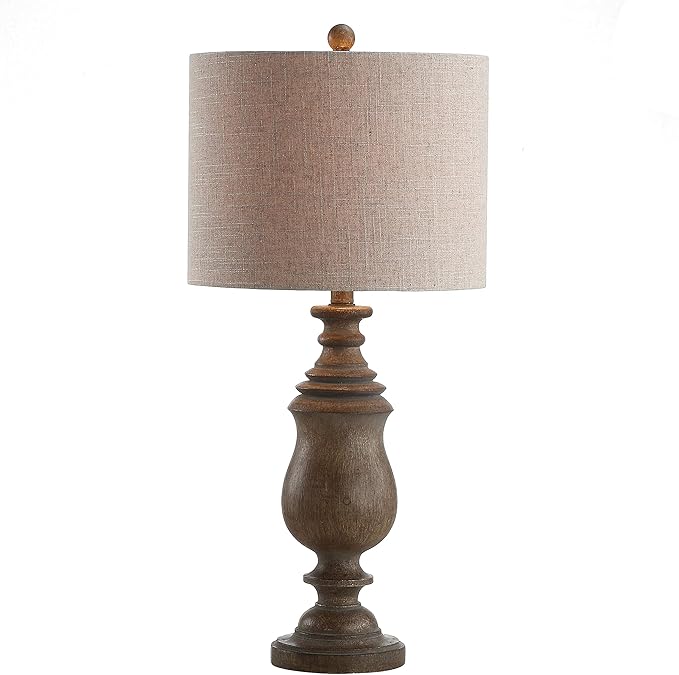 JONATHAN Y 28.5" Brown Faux Wood Resin Table Lamp, Traditional Balustrade Nightstand Lamp for Living Room Bedroom, Gray Linen Drum Shade, UL Listed, LED Bulb Included JYL3041A