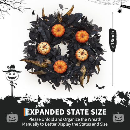 GarveeHome Halloween Wreath for Front Door, 18 Inch Fall Wreath with Pumpkins and Maple Leaves for Indoor Outdoor Wall Window Porch Patio Garden Farmhouse Home Party Prom Decoration