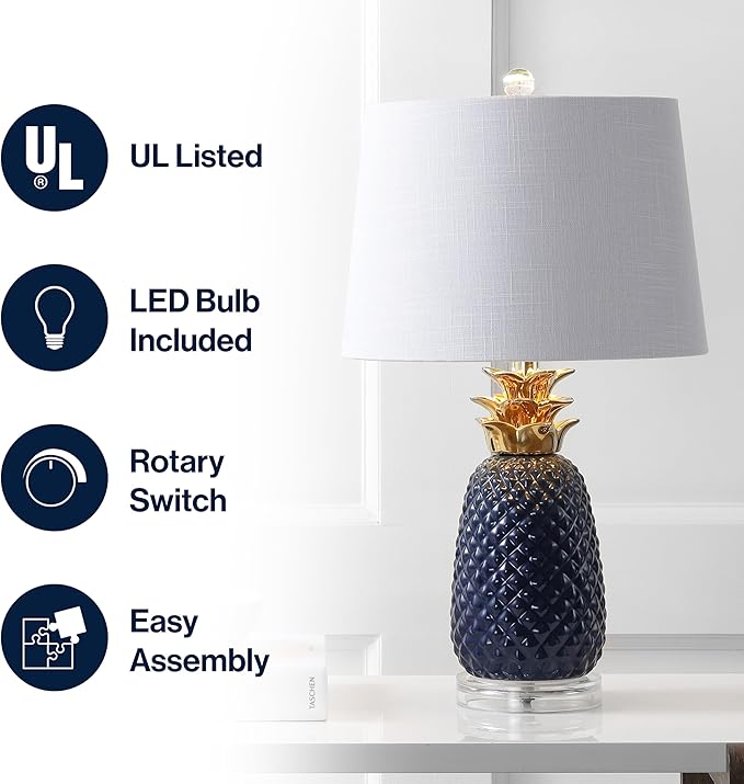 JONATHAN Y 23" Navy Blue/Gold Pineapple Ceramic Table Lamp for Bedroom Decor, Modern Whimsical Bedside Nightstand Lamp with White Linen Drum Shade and LED Bulb JYL4019A