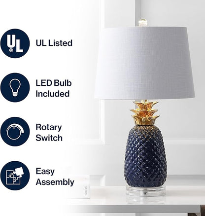 JONATHAN Y 23" Navy Blue/Gold Pineapple Ceramic Table Lamp for Bedroom Decor, Modern Whimsical Bedside Nightstand Lamp with White Linen Drum Shade and LED Bulb JYL4019A