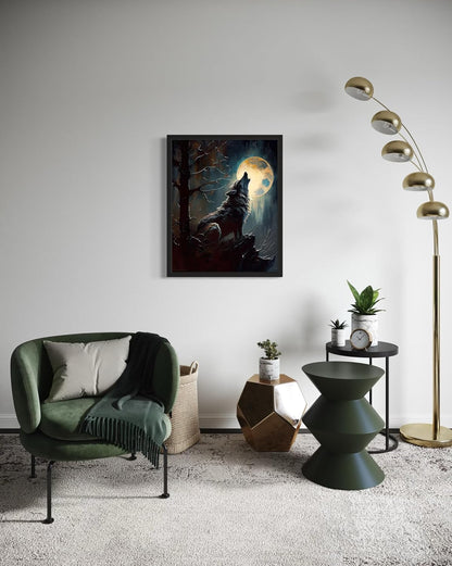 Wolf howling Poster Art Print, Halloween Scary Vintage Wall Art Academia Spooky Painting Decoration for Horror Prints, Gothic Posters Bedroom Decor 89 (Wolf howling, 11 x 14 inches, Black Frame)