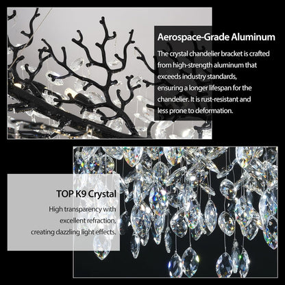 Modern Black Rectangle Crystal Tree Branch Chandelier, 55" 16-Light K9 Crystal Chandeliers for Dining Room, Rectangular Dining Room Chandelier Over Table,for High Ceiling,Kitchen