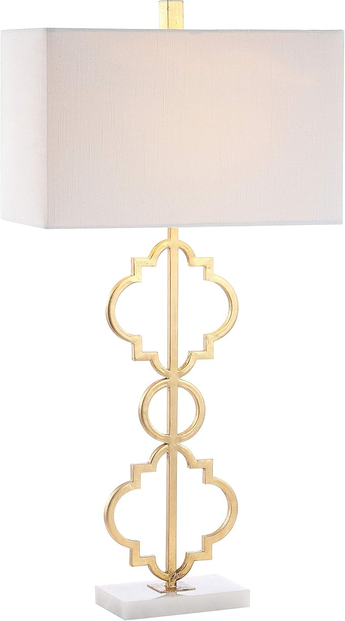 JONATHAN Y 32" Gold Selina Ogee Trellis LED Table Lamp, Glam Modern Iron Geometric Lamp for Living Room Bedroom, White Linen Rectangle Shade, LED Bulb Included JYL3072A