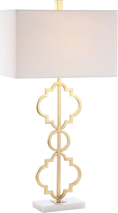JONATHAN Y 32" Gold Selina Ogee Trellis LED Table Lamp, Glam Modern Iron Geometric Lamp for Living Room Bedroom, White Linen Rectangle Shade, LED Bulb Included JYL3072A