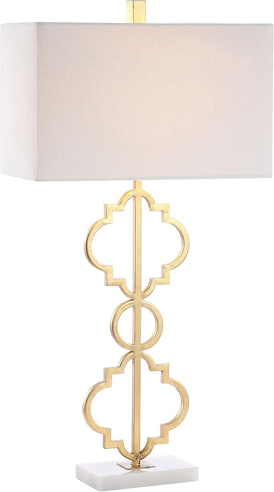 JONATHAN Y 32" Gold Selina Ogee Trellis LED Table Lamp, Glam Modern Iron Geometric Lamp for Living Room Bedroom, White Linen Rectangle Shade, LED Bulb Included JYL3072A