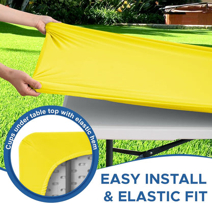 Fitted Tablecloth for 8 Foot Rectangle Tables-4 Pack Yellow Elastic Outdoor Picnic Table Cover-Spandex Stretch Folding Table Cloths 8ft for Camping Dining Room Patio Kitchen Banquet Party