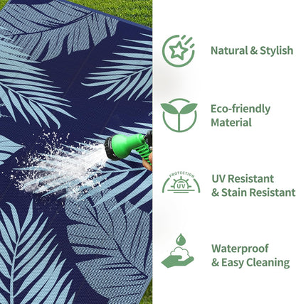 GENIMO Outdoor Rug 8' x 10' Waterproof for Patios Clearance, Reversible Outdoor Plastic Straw Camping Rug Carpet, Large Area Rugs Mats for RV, Camper, Deck, Balcony, Porch, Beach, Navy Blue&Baby Blue