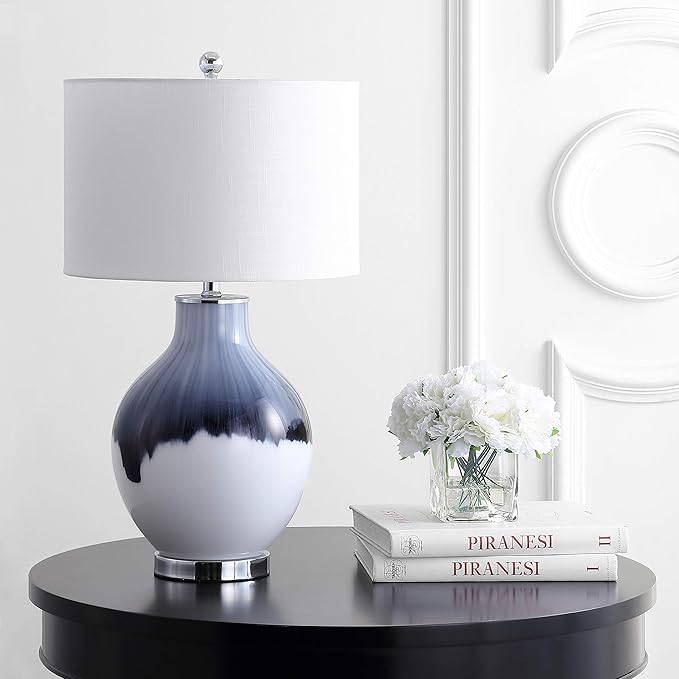 JONATHAN Y 27" Blue/White Drip Glass and Metal Table Lamp, Modern Transitional Bedside Lamp for Living Room Bedroom, White Linen Drum Shade, LED Bulb Included JYL1065A