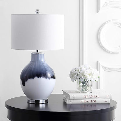 JONATHAN Y 27" Blue/White Drip Glass and Metal Table Lamp, Modern Transitional Bedside Lamp for Living Room Bedroom, White Linen Drum Shade, LED Bulb Included JYL1065A