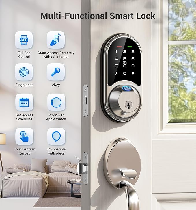 Veise RZ07 Fingerprint Smart Lock, 7-in-1 Smart Locks for Front Door, Keyless Entry Door Lock with App Control, Biometric Electronic Touchscreen Keypad Deadbolt, Satin Nickel