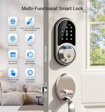 Veise RZ07 Fingerprint Smart Lock, 7-in-1 Smart Locks for Front Door, Keyless Entry Door Lock with App Control, Biometric Electronic Touchscreen Keypad Deadbolt, Satin Nickel