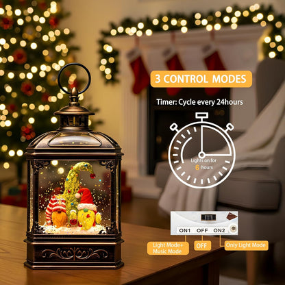 Christmas Snow Globe Lantern Water Glittering Gnomes Scandinavian Santa Elf with Music, USB Lined/Battery Operated Lighted Lantern for Christmas Festival Decoration Gifts