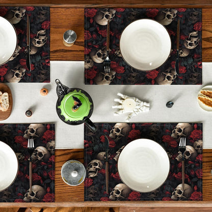 Halloween Skull Rose Placemats, Washable Heat Resistant 12×18 Inch Table Mats Floral Place Mats for Party Outdoor Decoration Kitchen Dining Décor