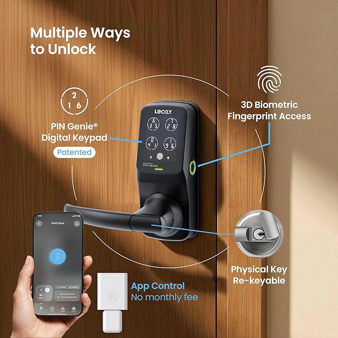 Lockly Secure Pro Smart Lock Wi-Fi, Keyless Entry Digital Keypad Door Lock, 3D Biometric Fingerprint Sensor Front Door Lock with Handle, Voice Control & Auto Lock - Latch Edition