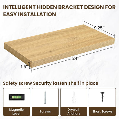 24 Inch Floating Shelves, 12 Inch Deep Floating Shelves for Wall, Floating Shelf with Invisible Brackets, Deep Shelves for Bathroom, Bedroom, Living Room, 2 Pack, Natural
