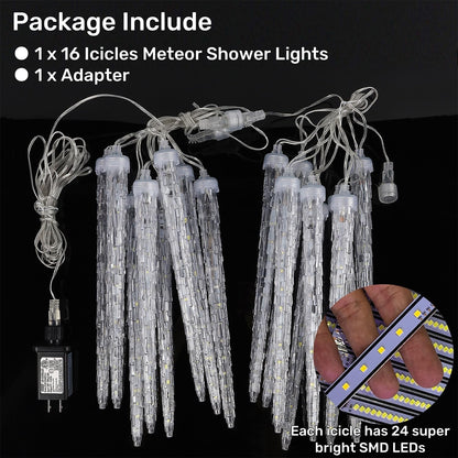 WATERGLIDE 16 Icicles Meteor Shower Lights, 12" Outdoor Christmas Icicle 384 SMD LED Crystal Ice Falling, Connectable Raindrop Iciclelight, Xmas Winter Party Tree Holiday Decor, Blue