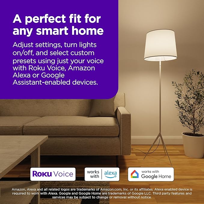 Roku Smart Light Bulbs (White, 1-Pack) - Dimmable A19 Lightbulbs with Adjustable Brightness & Temperature - WiFi Smart Bulbs Works with Roku Voice, Alexa & Google Assistant, No Hub Required