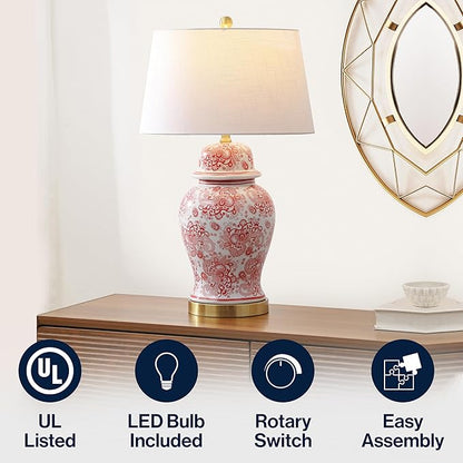 JONATHAN Y 29.5" Red/White Ceramic Table Lamp for Living Room and Office, White Linen Drum Shade, Traditional Chinoiserie Ginger Jar Lamp, LED Bulb Included (JYL3008C)