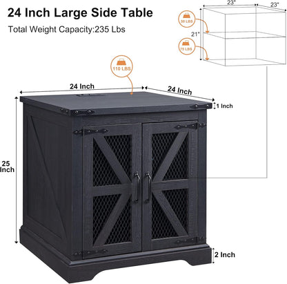 JXQTLINGMU Farmhouse End Table, 24" Large Sofa Side Table with Charging Station, Mesh Barn Door, and Adjustable Storage Shelf, Rustic Wood Square Nightstand for Living Room, Bedroom, Office, Black