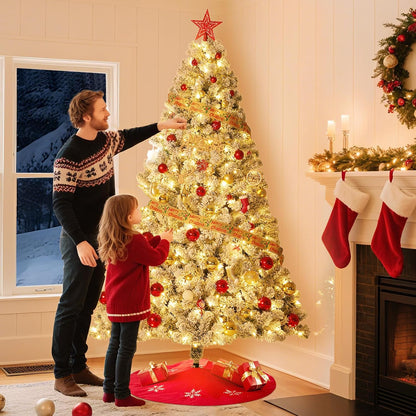 GarveeHome 9ft Prelit Artificial Christmas Tree with Warm White Lights, Snow Flocked Full Xmas Tree with 1800 Branch Tips, 900 LED Lights & Foldable Stand, Green & White Christmas Decorations